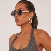 Oval Cateye Shape Side Detail Metal Frame Sunglasses In Silver, Women's Size One Size