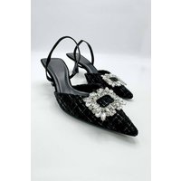 Marcy Diamante Brooch Pointed Toe Textured Court Shoes, Black