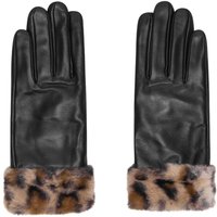 Real Leather Glove With Leopard Faux Fur Cuff, Black