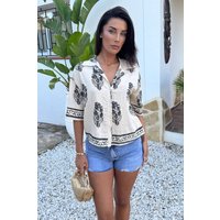 Cream Border Print Short Sleeve Boxy Shirt