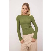 Textured Long Sleeve Knit Top with Metal Brooch Detail, Khaki