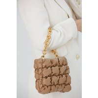 Puffy Quilted chunky Chain Handbag, Nude